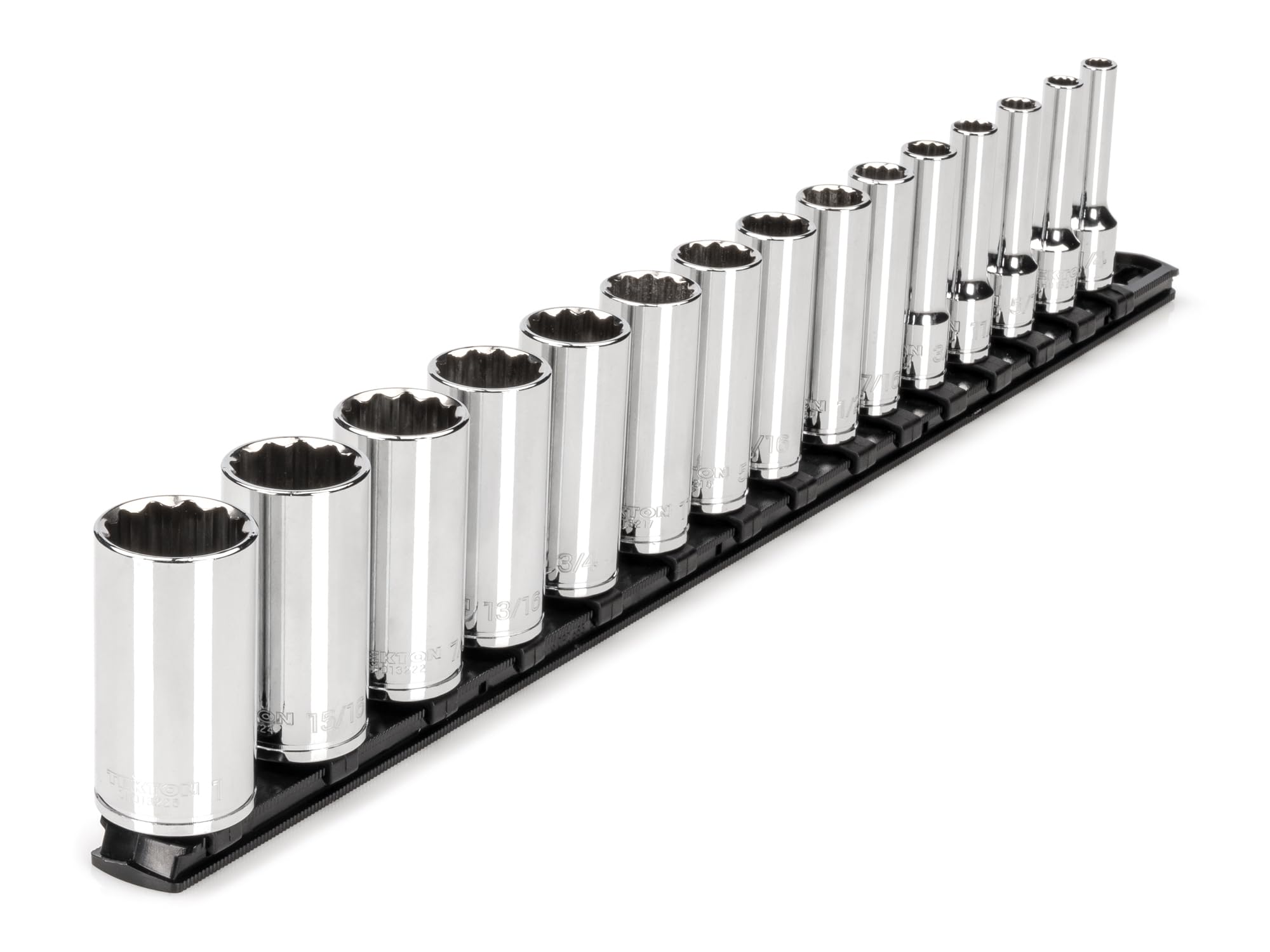 TEKTON 3/8 Inch Drive Deep 12-Point Socket Set with Rail, 15-Piece (1/4-1 in.) | SHD91115