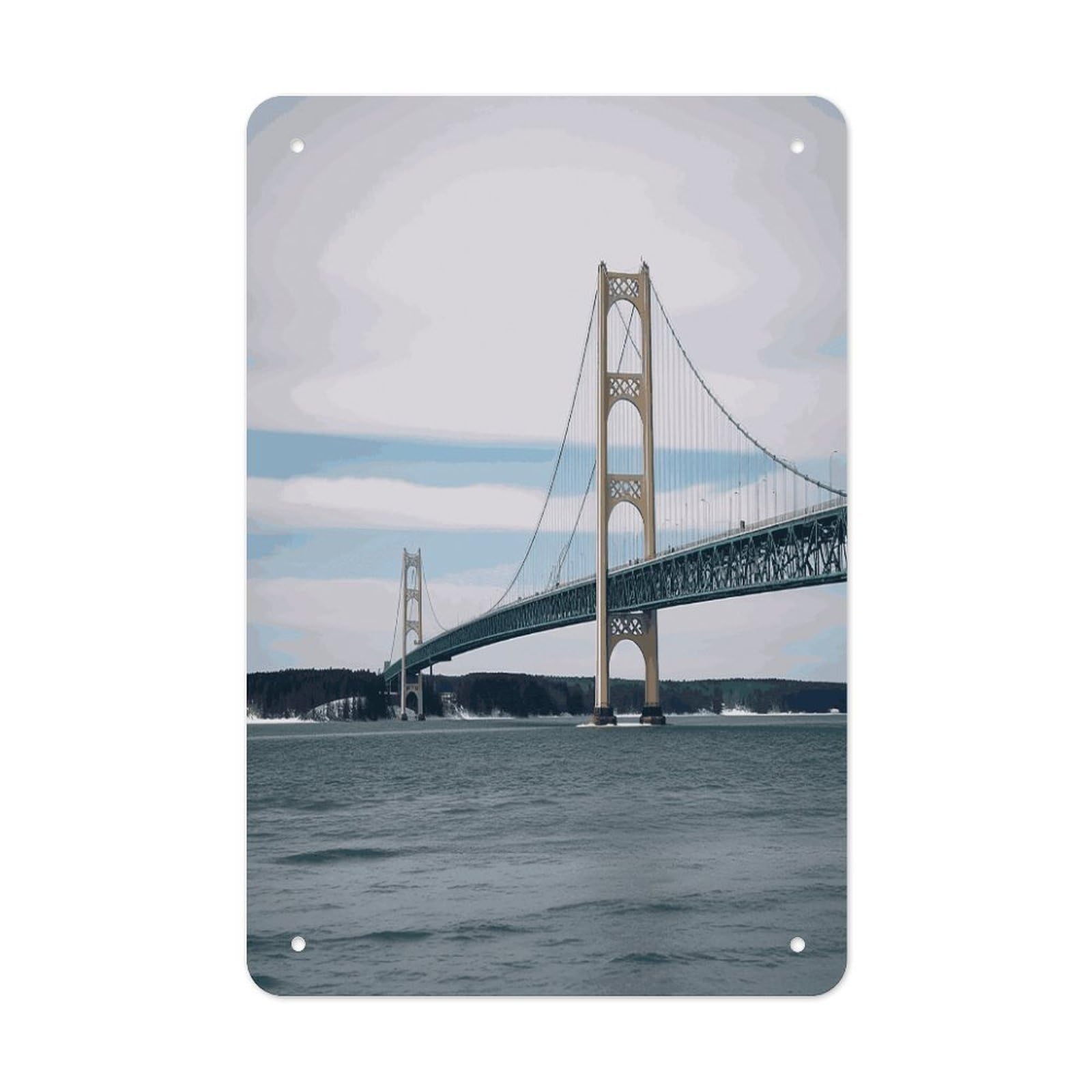 LDGSUPH Mackinac Suspension Bridge Wall Art Prints Folded Edge Iron Sheet Painting with Holes for Wall Prints Decorative Picture Metal Signboard Decor Painting for Outdoor Indoor Wall Decor