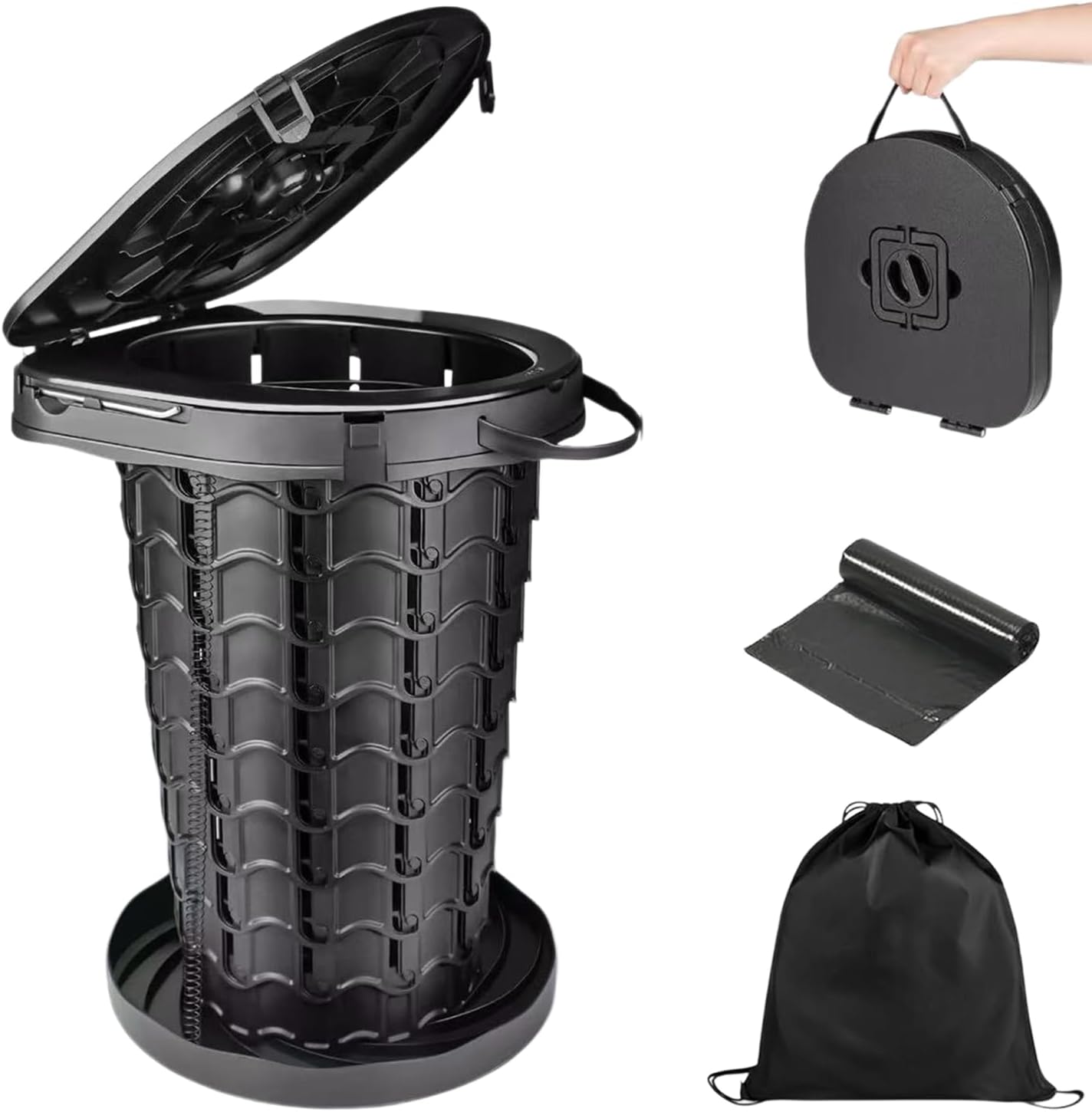 Portable Toilet for Camping, Capacity 440LBS Adjustable Height Foldable Porta Potty for Adults, Folding lightweight Luggable Loo for Outdoor Travel Camp Car, 3-18.7" Black