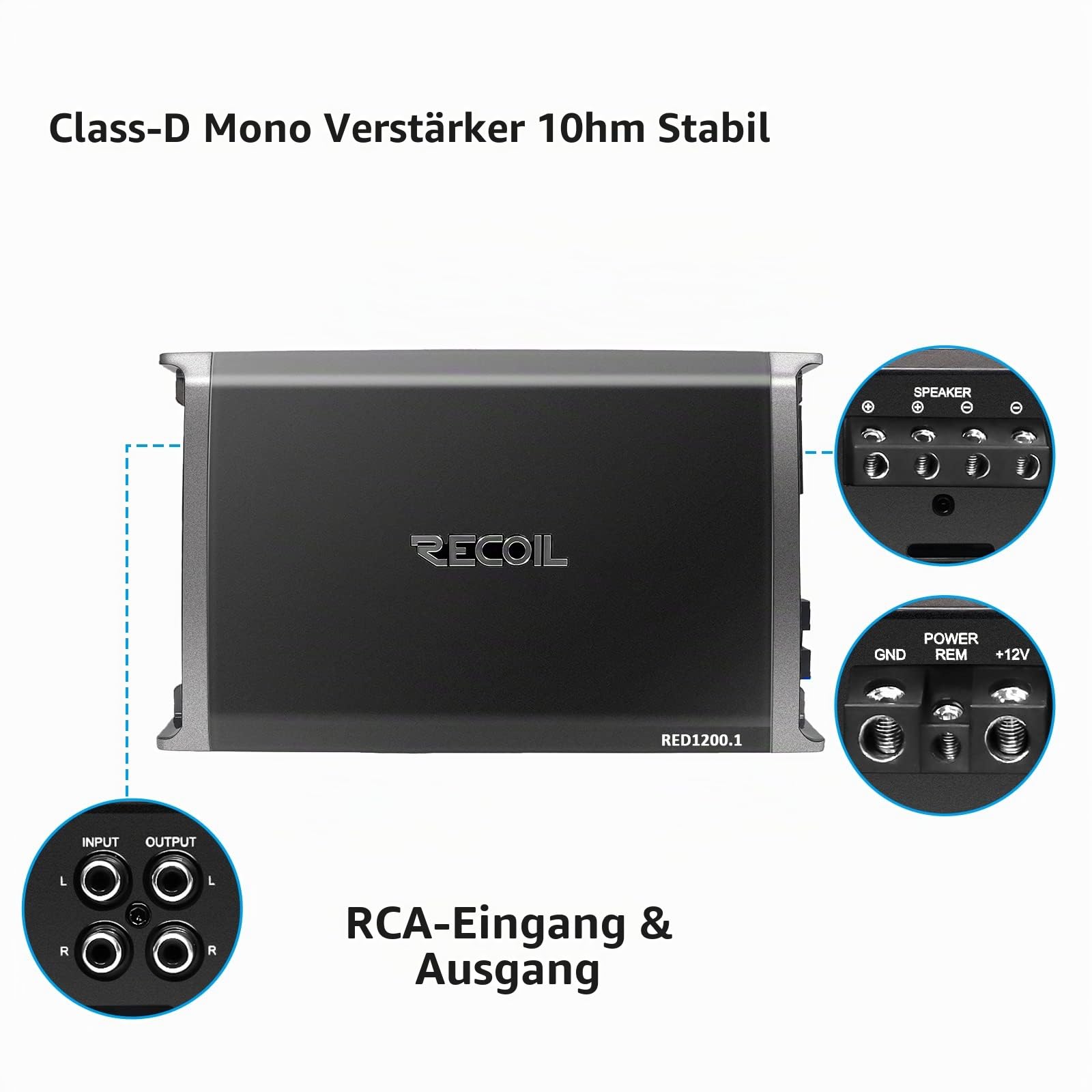 RECOIL RED1200-1 2500 Watt Class-D Car-Audio-Monoblock-Subwoofer-Verstärker, 1 Ohm stabil, Remote-Bass-Regler enthalten
