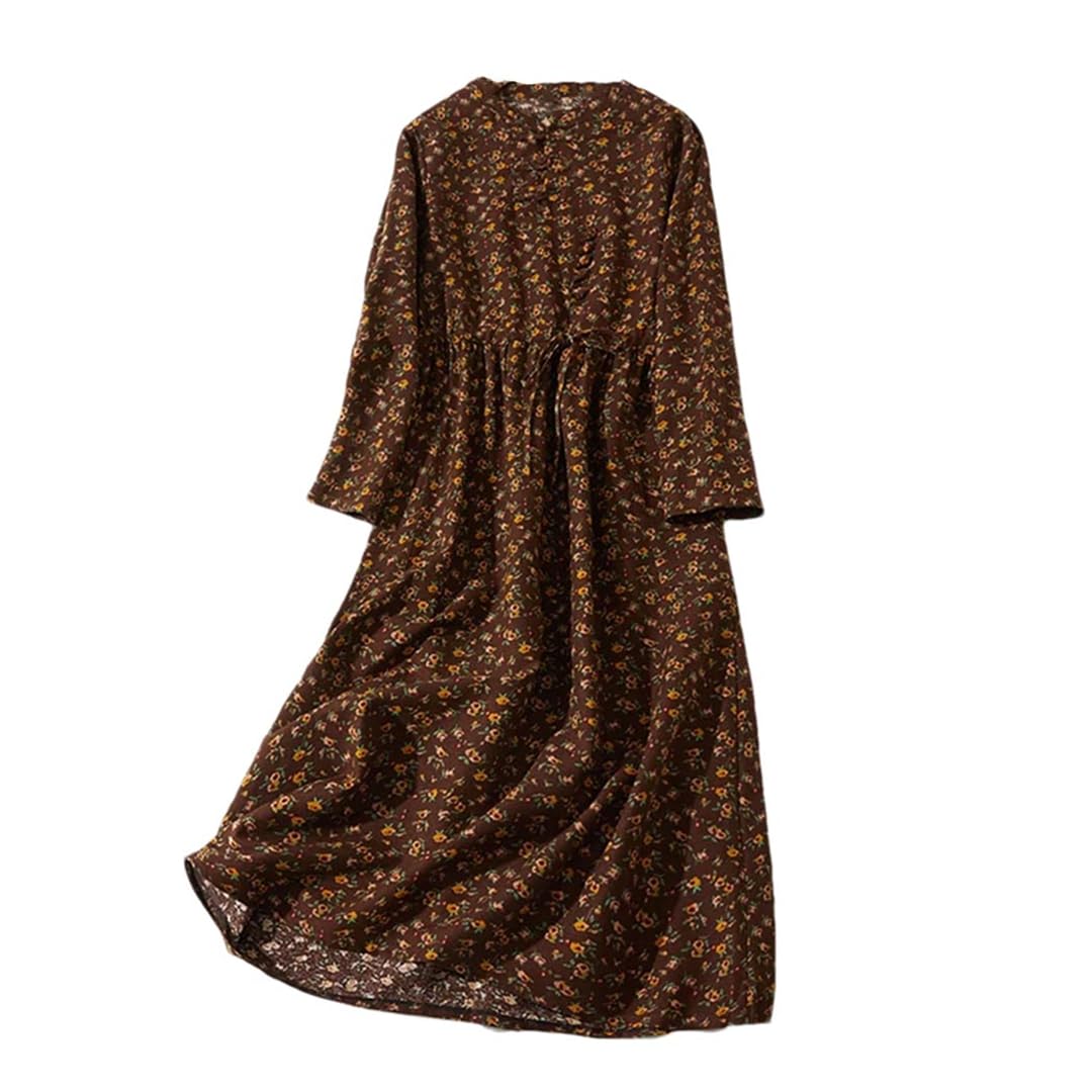Vestido de algodón y lino con estampado floral para mujer, manga larga, cuello alto, casual, vestido midi