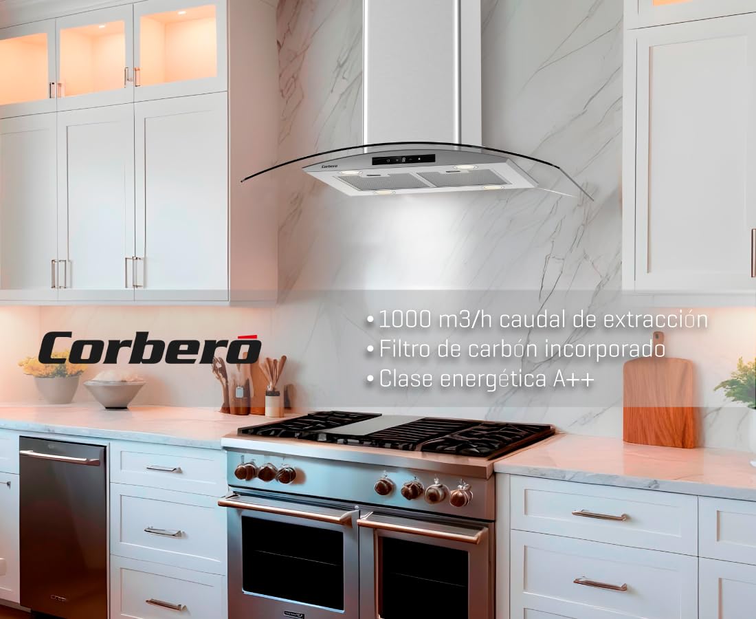 Cappa isola, 90 cm, portata 1000 m3/h, Inox, 3 velocità, filtro alluminio 3 strati, filtro carbone, efficienza energetica A++