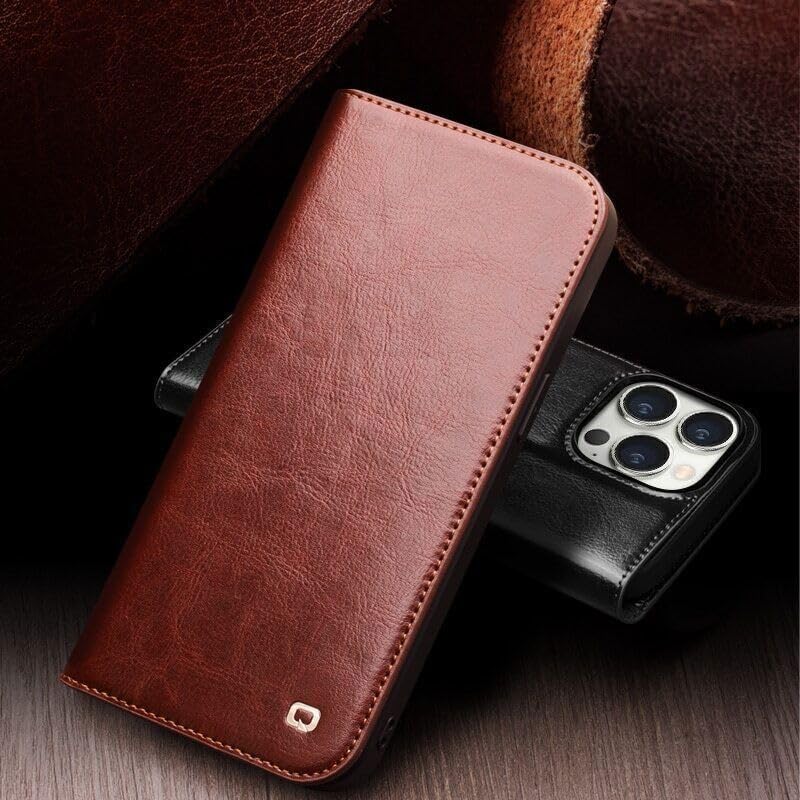Étui rigide iPhone 14 Pro Max marron protégeant l'écran avec rabat en cuir - 5