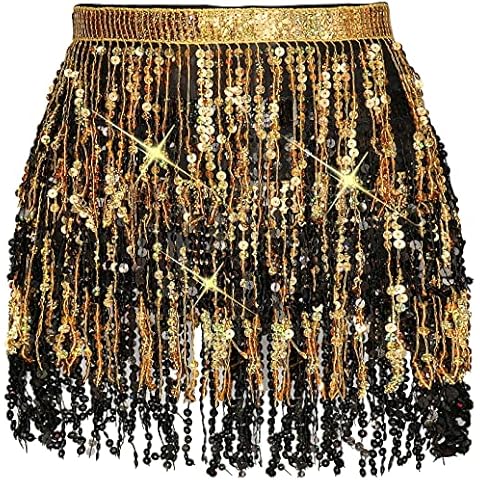 KharmLaddy Women Belly Dance Hip Skirt Tassel Sequin Dance Belt Hip Scarf Festive Rave Party Clothing Gold Black 200CM Cover