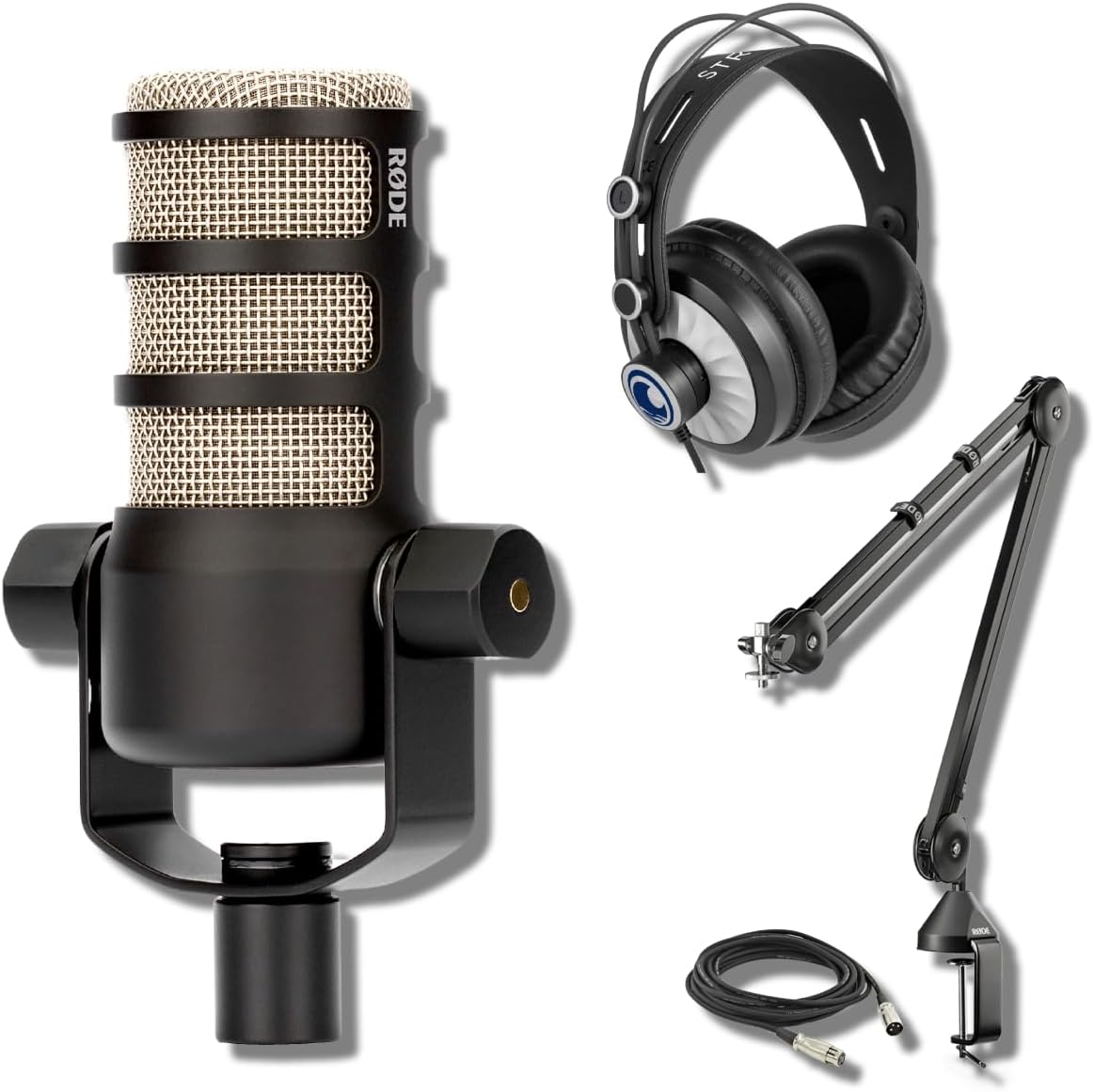 Rode PodMic Dynamic Podcast Microphone with Rode PSA1 Microphone Boom Arm, StreamEye Cans50 Podcast Headphones and XLR Cable