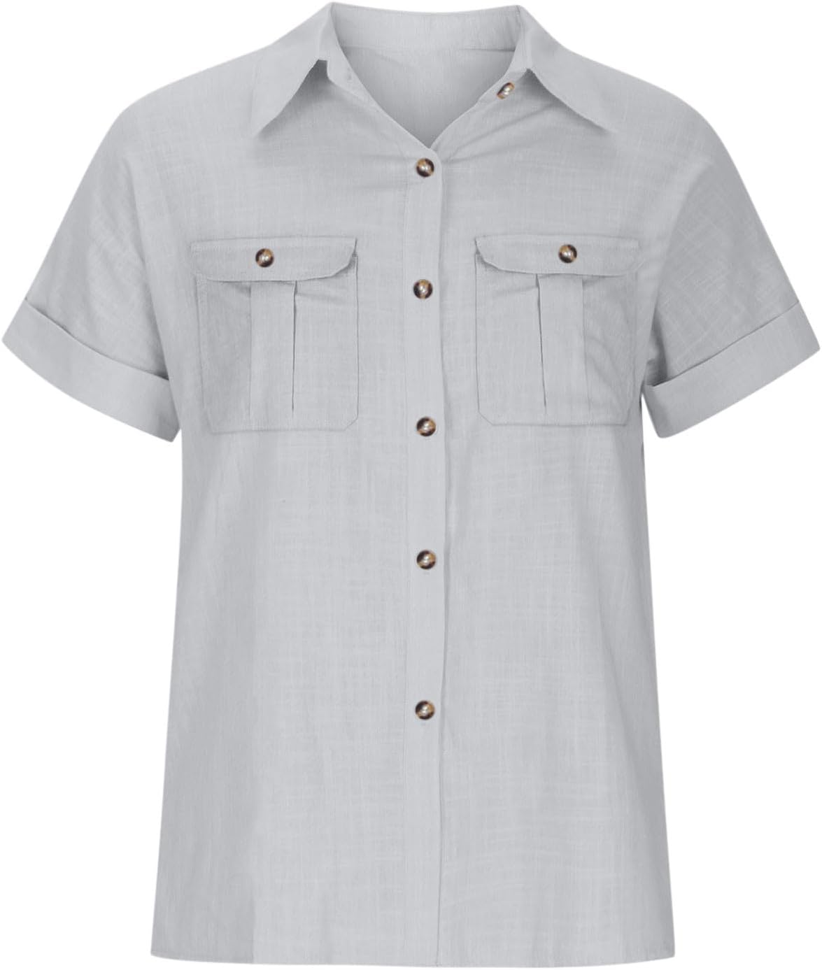 Generic Cotton Linen Button Down Shirts for Women Collared Short Sleeve Work Blouse Trendy Loose Fit Summer Tops with Pocket