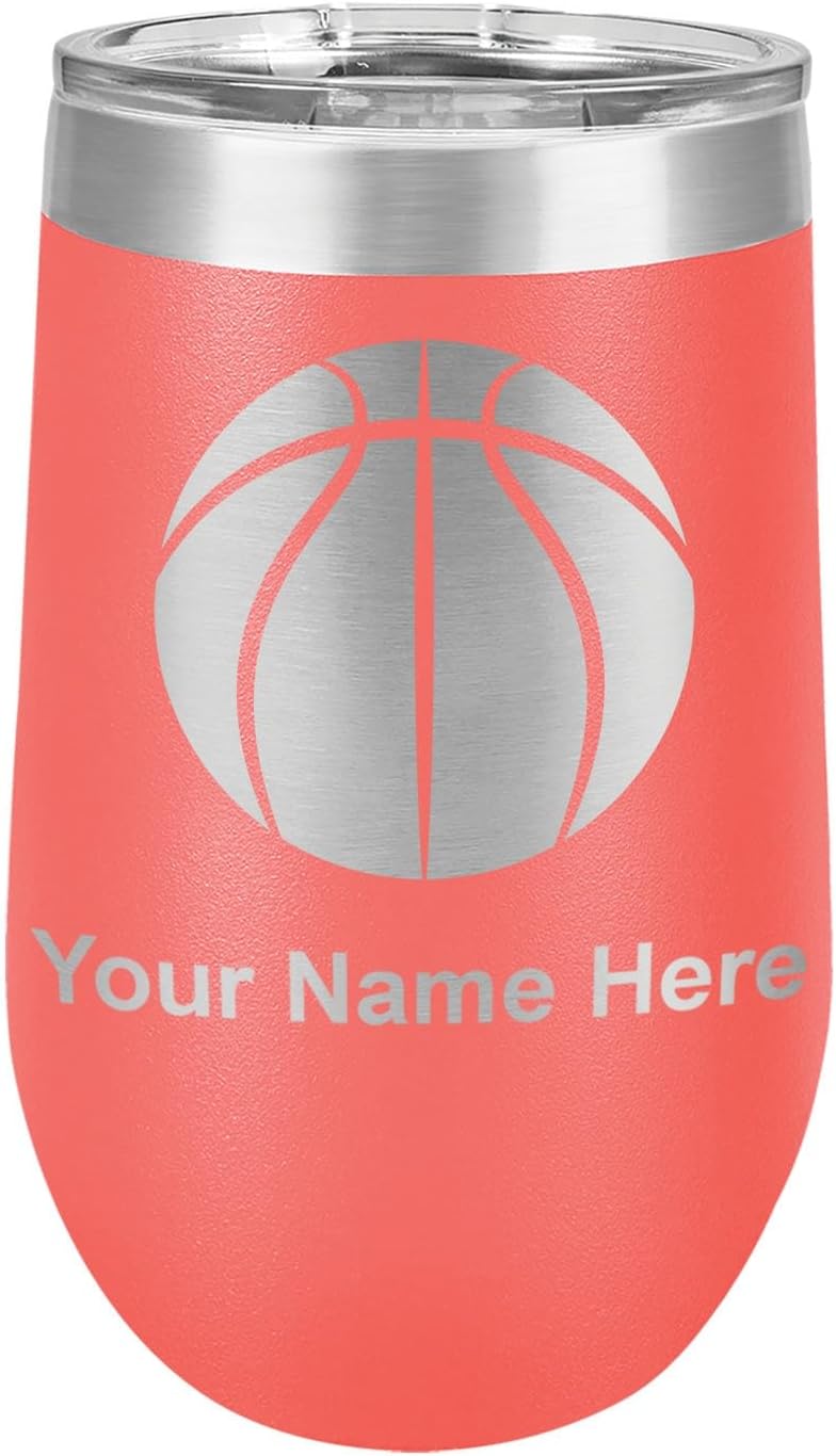 LaserGram 16oz Double Wall Stainless Steel Wine Glass Tumbler, Basketball Ball, Personalized Engraving Included (Black)