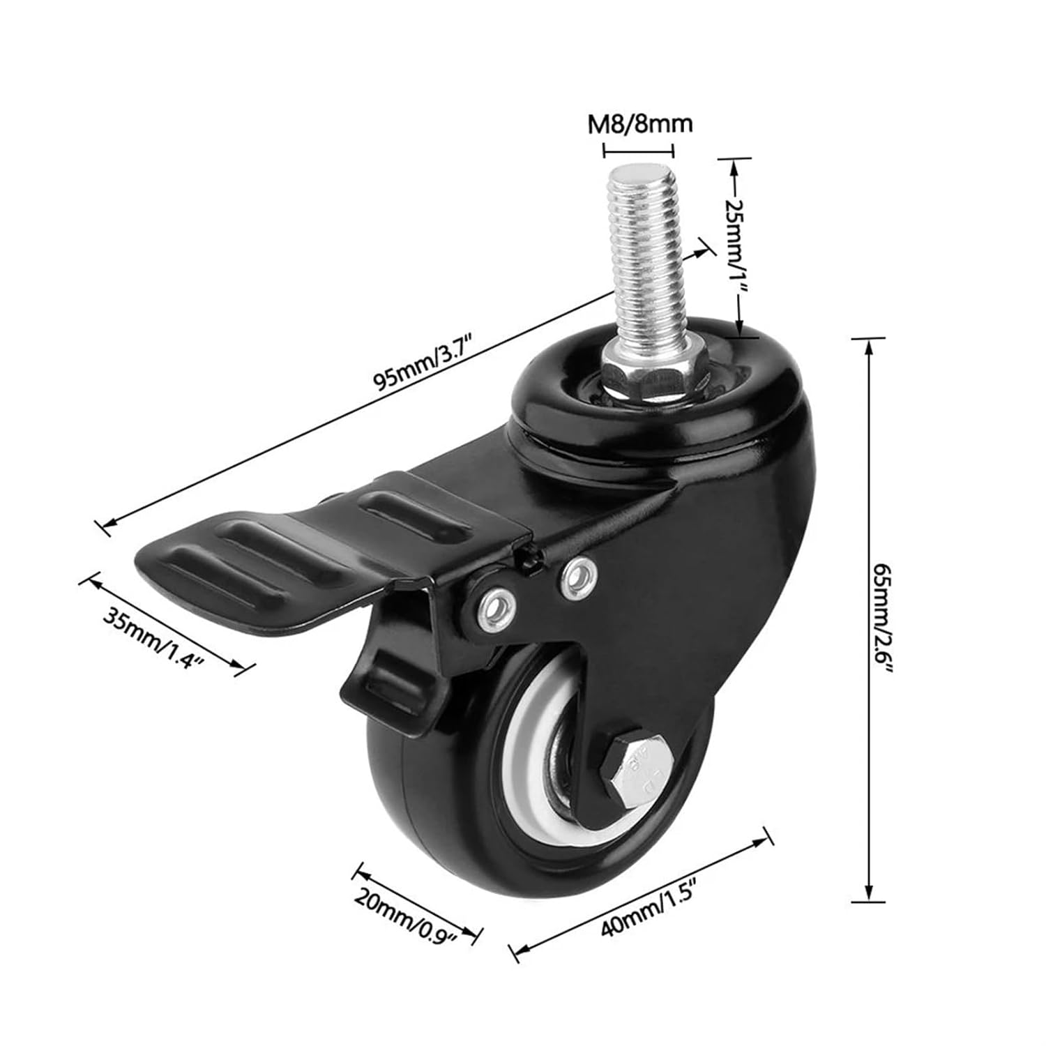 頑丈な1.5/2インチ回転キャスターホイールねじ付きステム、ブレーキトロリー家具キャスターM8/M10ネジ付きステムとナット4個(カ