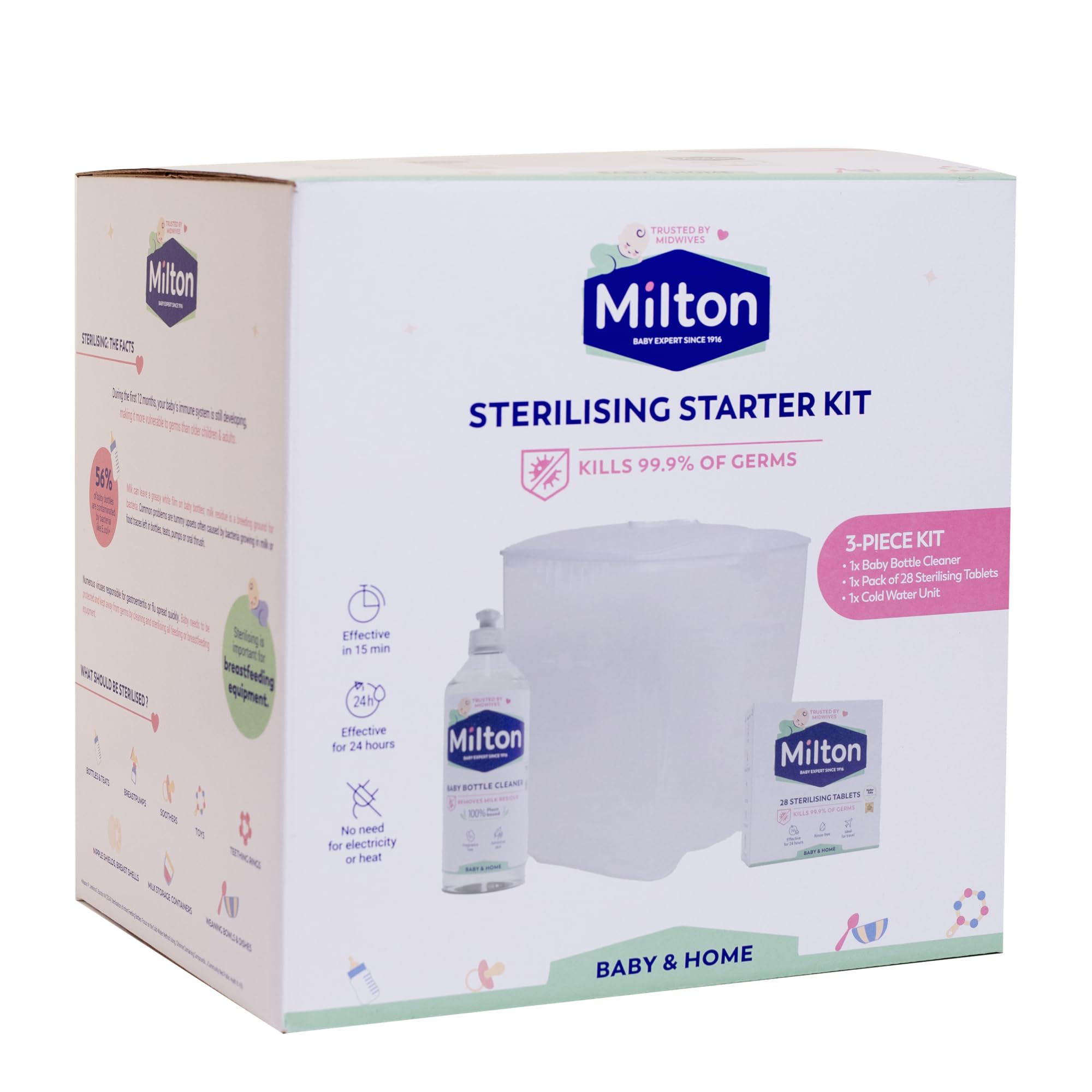 Milton Sterilising Starter Kit, Baby Sterilising Essentials, Including Milton Baby Bottle Cleaner, Milton Cold Water Steriliser and 28 Milton Sterilising Tablets