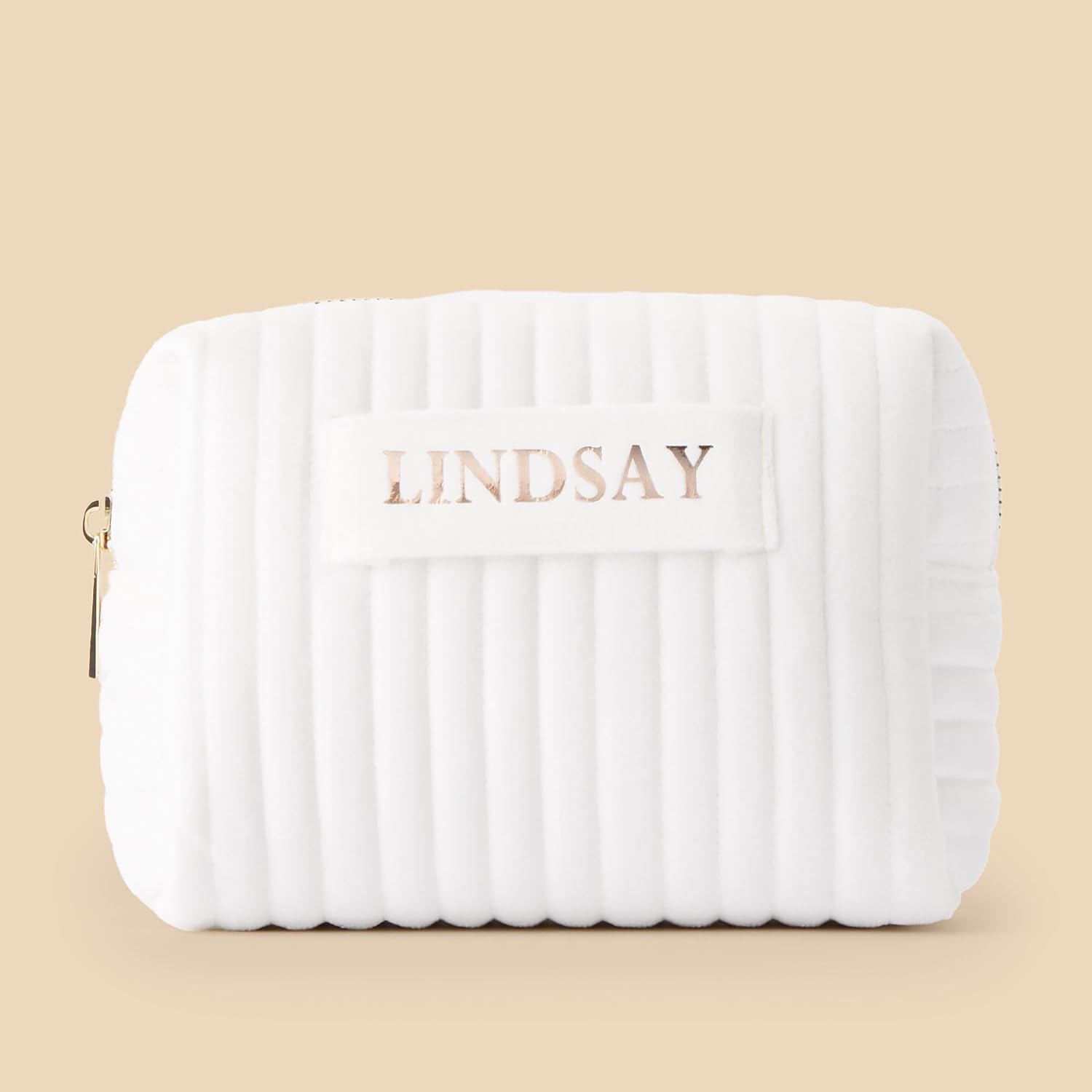 Personalization Universe Metallic Foil Personalized Small Ivory Velvet Makeup Bag