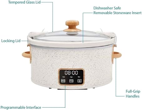 Country Charm Collection 6-Quart Digital Slow Cooker With Locking Lid, Programmable Settings, Removable Stoneware, Portable Crock Pot for Family Meals (Linen Speckle)