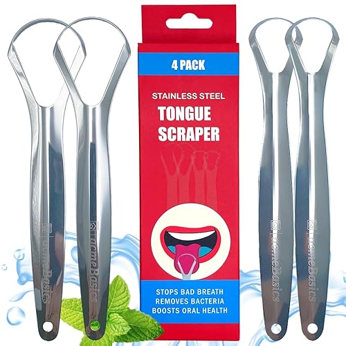 Paquete de raspador de lengua para adultos y niños (paquete de 4). Limpiadores de lengua de acero inoxidable para reducir el mal aliento y el