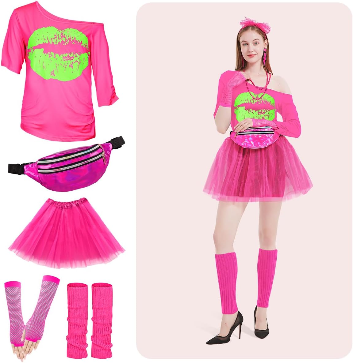 80s Outfit Costume for Women with T-Shirt, Tutu and Accessories Set 24PCS image 4