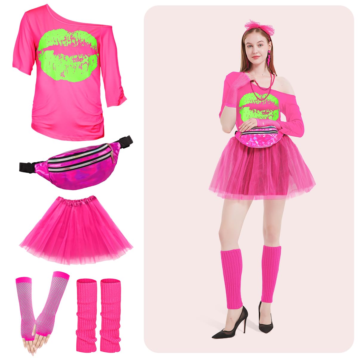 WILDPARTY Accesorios de disfraz de los años 80 para mujer, riñonera con tutú, diadema, aretes, collar, guantes de red, calentadores de piernas