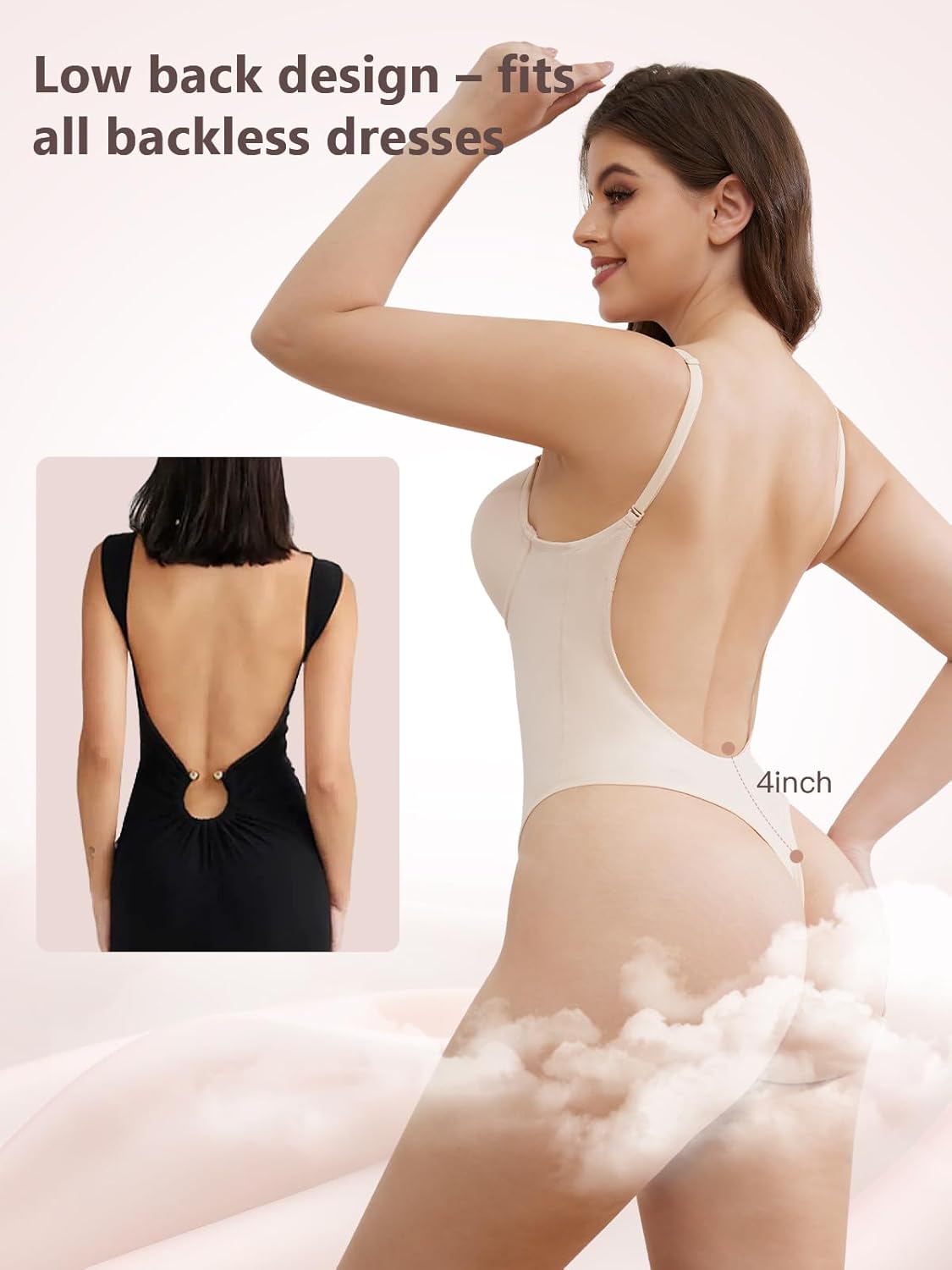 Slimers Plunge Backless Shapewear for Women: Low Back Tummy Control Body Shaper Thong Bodysuit with Underwire Bra