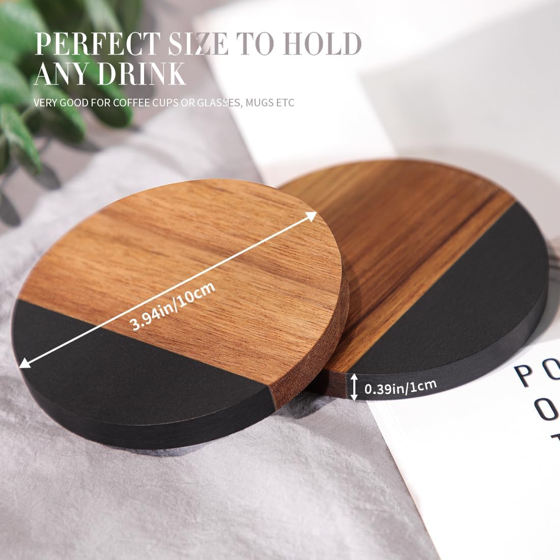 WLWNWFT Black Marble Acacia Wood Drinks Coasters Set of 4 with Holder, Modern Rustic Wooden Coasters for Drinks Coffee Table Dining Table Desk Christmas Housewarming Home Office
