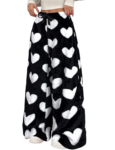 Wyeysyt Women Fuzzy Pajama Pants Wide Leg Fluffy Pj Bottoms | Leopard Plush Pants, Elastic Waist, Lounge Pants, Fluffy Pajama Pants - Medium - Black