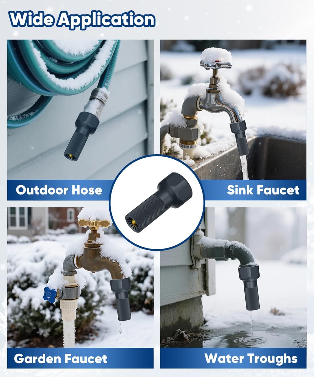 3/4-Inch Thread Faucet Freeze Protection Valve, Freeze Proof Faucet Cover for Outdoors, Winter Frost Proof Auto Temperature Control for Garden, Lawn & Yard Spigot, Black, 4 Pack
