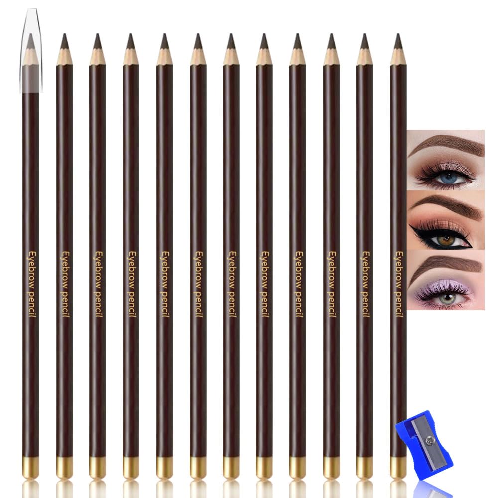 12Pcs Dark Brown Eyebrow Pencils for Women,Wooden Hard-Core Eyebrow Eyeliner Pencil,Sharpener Included,Long Lasting Waterproof Sweat-proof Create a