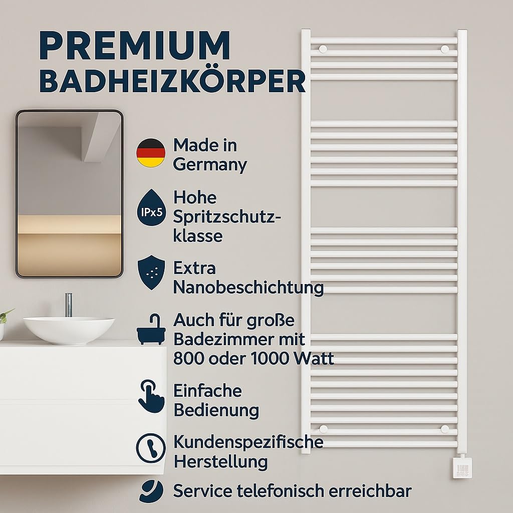 anapont elektrischer Badheizkörper 1775h x 600b gerade weiß | Timer-Funktion, Handtuchheizkörper, Made in Germany