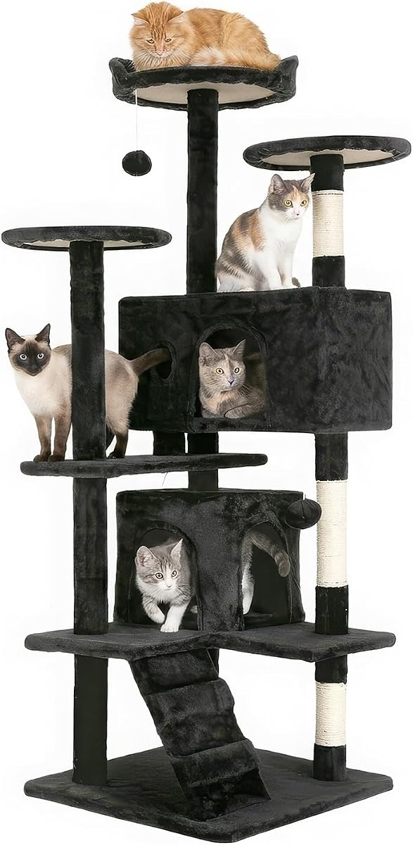FDW | 54" Cat Tree Tower | Dark Gray | Multi-Level Indoor Activity Center | with Sisal Scratching Posts, Condos, Plush Perches, Hanging Cat Toys | Sturdy, Easy to Assemble | for Kittens & Adult Cats