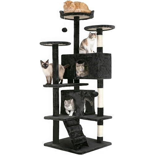 FDW | 54" Cat Tree Tower | Dark Gray | Multi-Level Indoor Activity Center with Sisal Scratching Posts, Condos, Plush Perches, Hanging Cat Toys | Sturdy, Easy to Assemble | for Kittens & Adult Cats