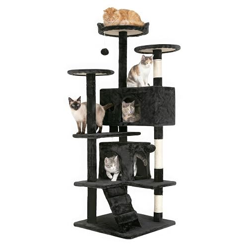 FDW | 54" Cat Tree Tower | Dark Gray | Multi-Level Indoor Activity Center | with Sisal Scratching Posts, Condos, Plush Perches, Hanging Cat Toys | Sturdy, Easy to Assemble | for Kittens & Adult Cats