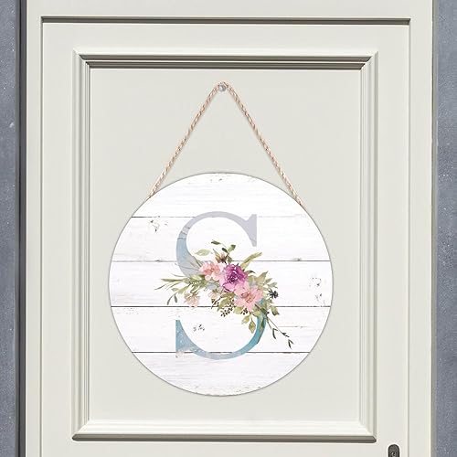 Vista 107 de Welcome Sign Front Decor Initial Letter B Round Wood Sign Monogram Purple Floral Wooden Plaque Blossom Floral 10in Country Wood Hanging Signs for