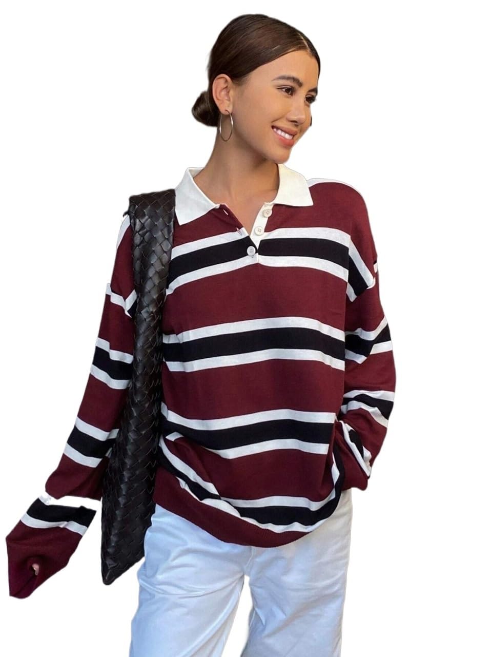 Sweaters for Women Red Stripe Neck Loose Fit Long Sleeve Sweater Fall