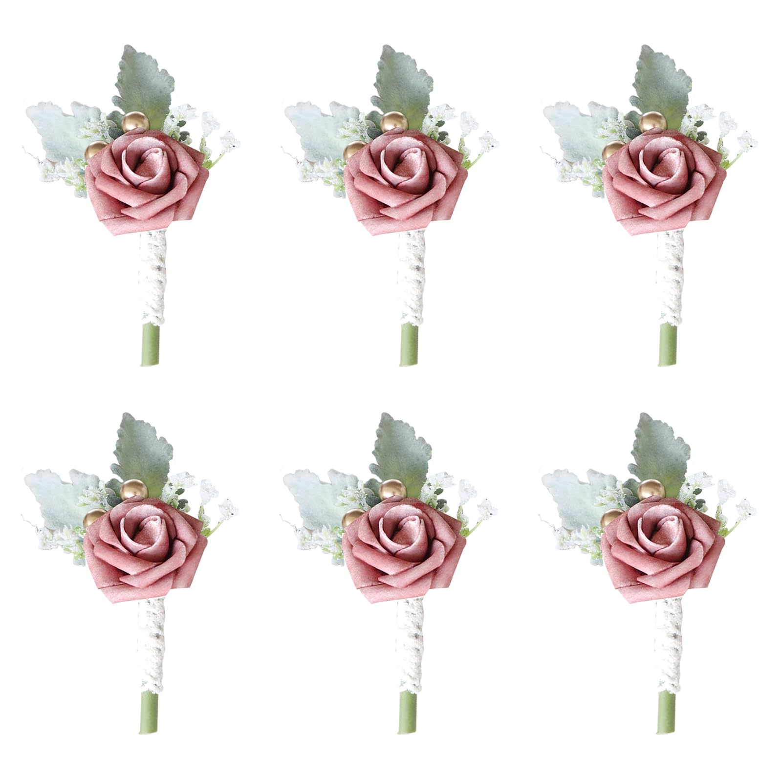 BRYER 6Pcs Boutonnieres For Weddings, Wedding Buttonholes Flowers, Artificial Rose Corsage With Pin 6pcs Bridal Groom Wedding Flowers,Dusty Pink