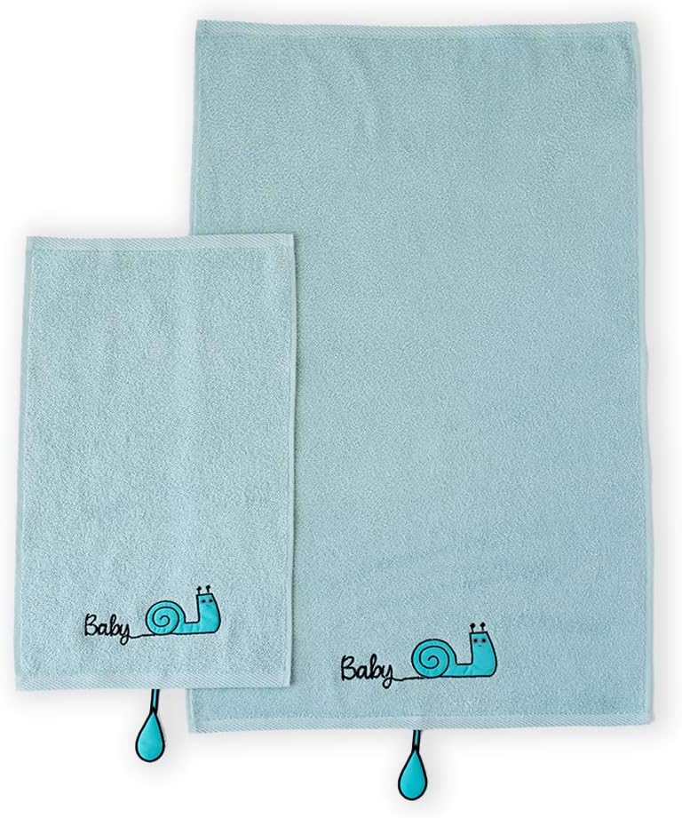 Milk&Moo Kids Washcloths for Bath, Blue Sangaloz Snail Baby Kids Bath Towel, Wash Cloths for Kids. 2 Pieces Includes 20x31 Inch Washcloth and 12x20 Inch Hand Towel. 100% Turkish Cotton, Blue