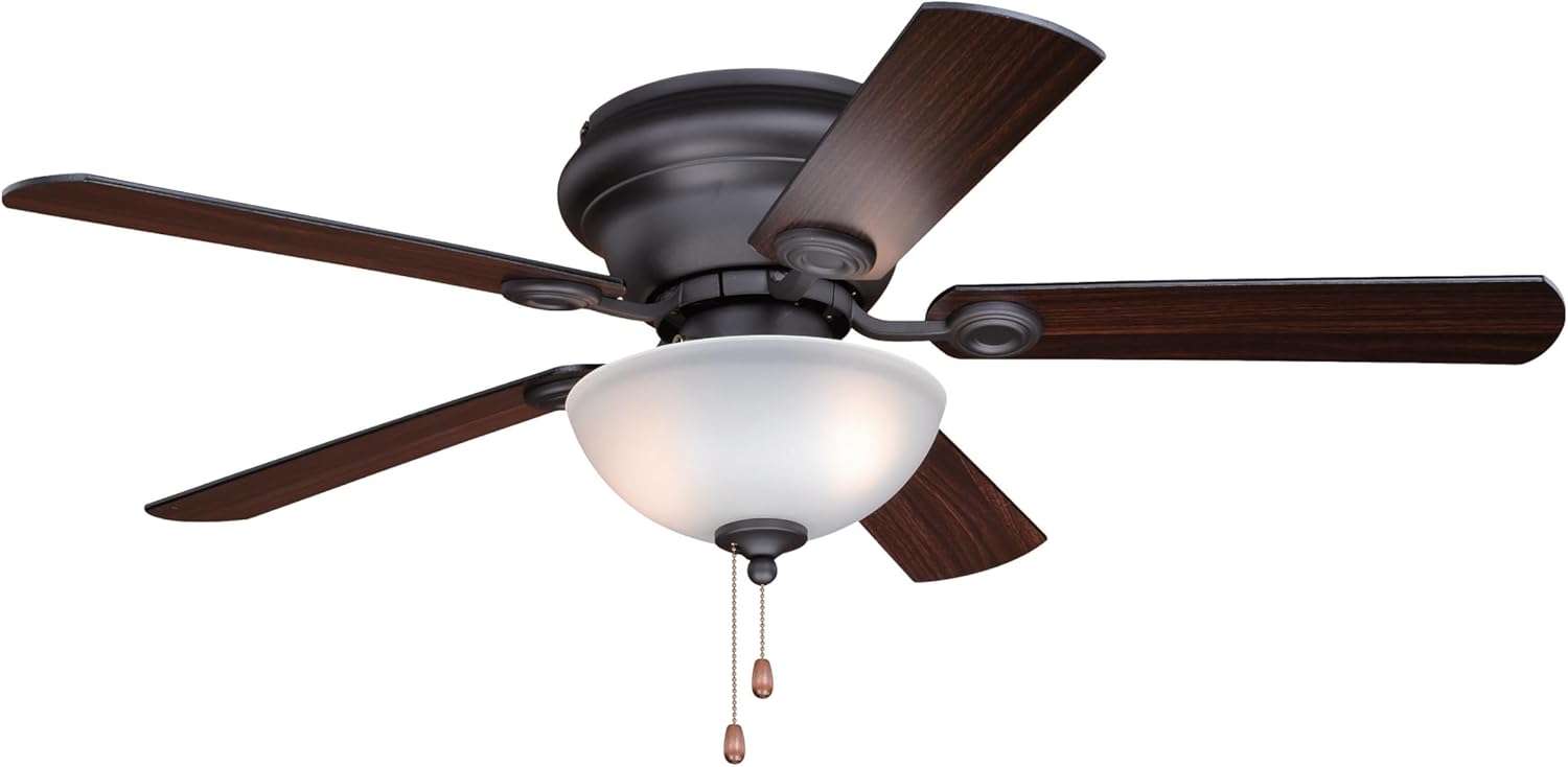 VAXCEL Expo 42 in. Noble Bronze Indoor Low Profile Flush Mount Traditional Ceiling Fan with Reversible Dark Bronze-Driftwood Blades, LED Light Kit and Pull Chain, 3 Speeds, Etched White Glass Shade