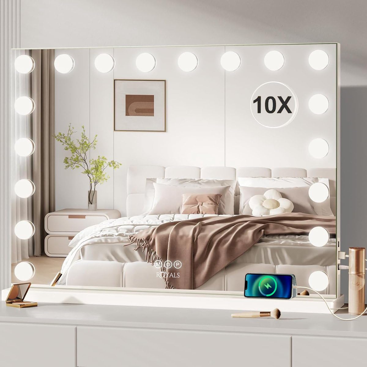 halumao Make-upspiegel met verlichting, 80 x 60 cm, grote make-upspiegel met ledverlichting, Smart Touch dimbaar, 3-kleurig, geheugenfunctie, USB-oplaadpoort