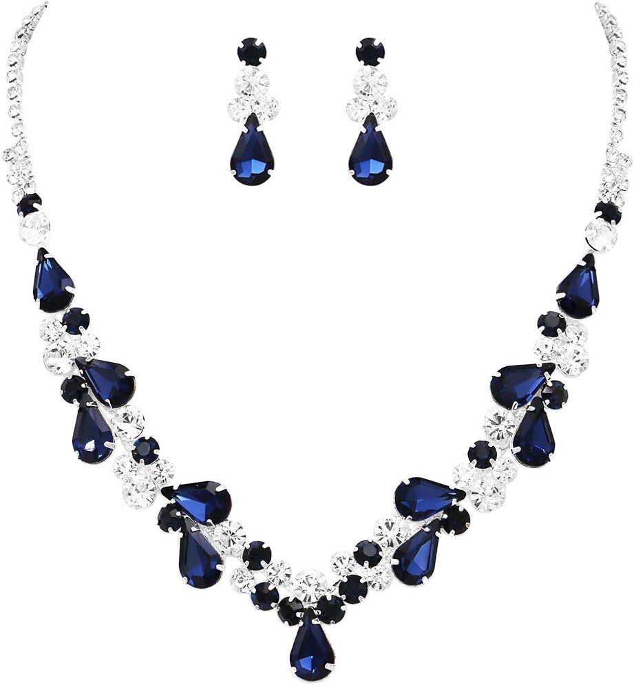 Rosemarie Collections Women's Stunning Rhinestone Crystal Teardrop Statement Necklace Hypoallergenic Drop Earrings Set, 15"+6" Extender