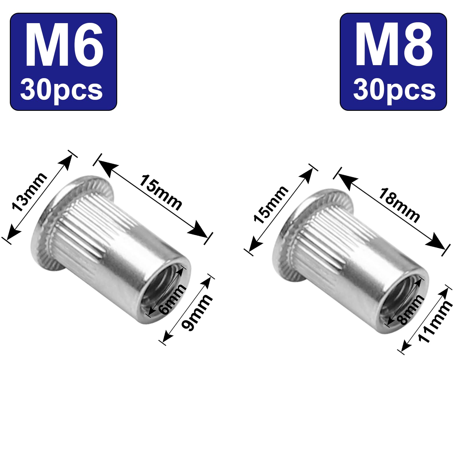 Dadi per rivetti M6/M8, in acciaio inox A2 V2A, 60 pezzi, dadi per rivetti ciechi, dadi per rivetti a testa piatta, scanalatura per recinzioni, costruzione di veicoli, camper, lavori in metallo