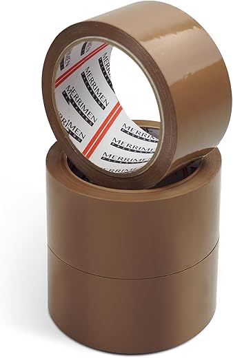 Merrimen Strong Heavy Duty Roll Pack Brown Packaging Tape, Secure Sticky Sealing Tape for Parcel Boxes, Moving Boxes, Large Postal Bags for Long Term Storage, (48MM x 66M) (3 rolls, Brown)
