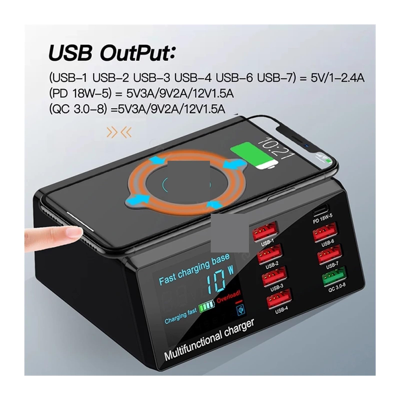100W 8-portowa ładowarka USB Adapter szybkiego ładowania 3.0 Bezprzewodowa ładowarka Stacja ładująca Szybka ładowarka PD