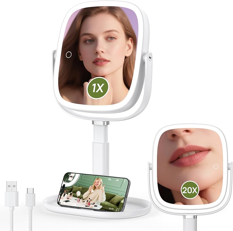 Espelho retangular para maquiagem Glowtop com iluminação LED, aumento 1X/20X e altura ajustável