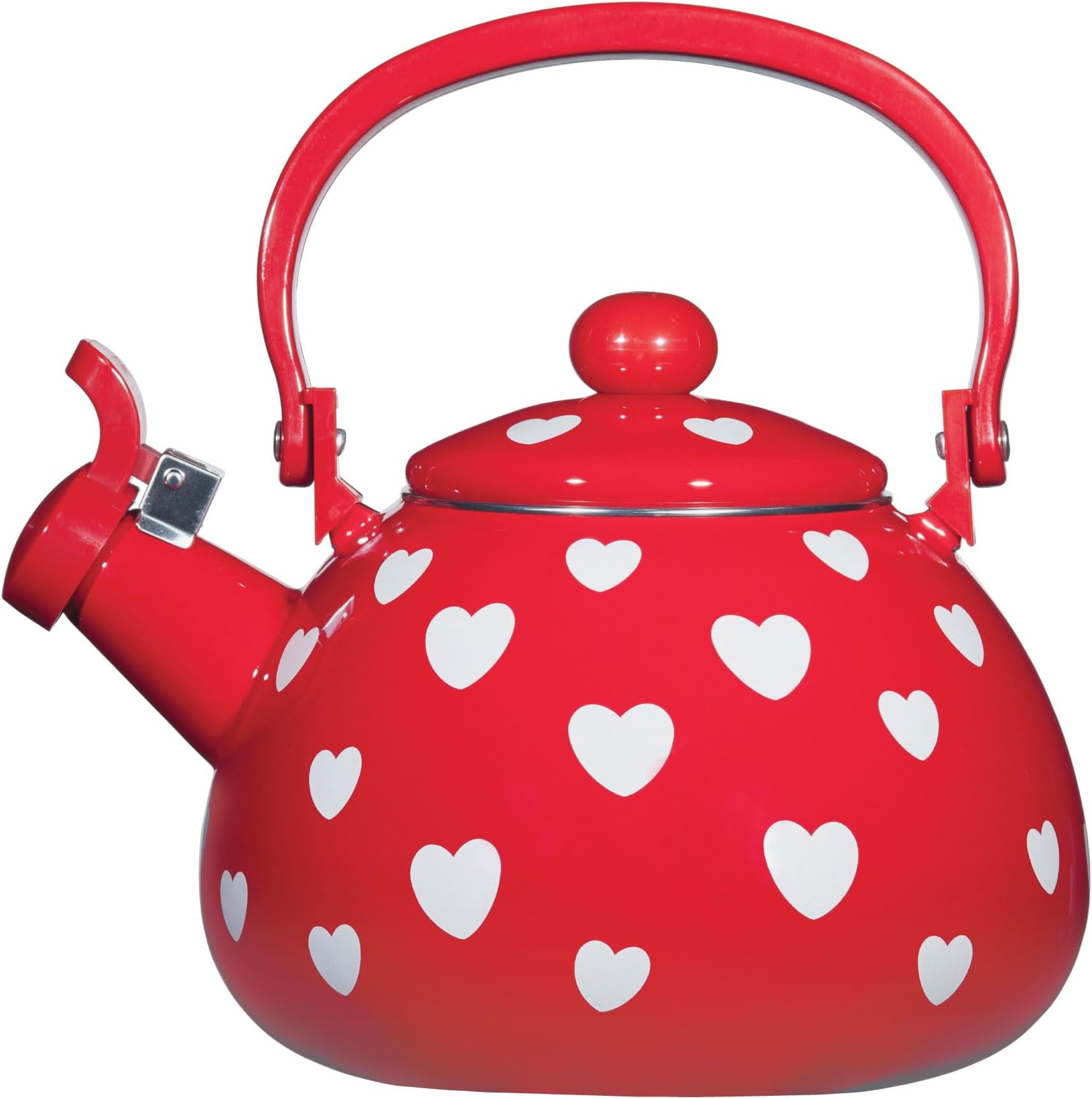 Hearts Pattern Whistling Tea Kettle for Stove Top Enamel on Steel Teakettle, Supreme Housewares Teapot Water Kettle Cute Kitchen Accessories Teteras (2 Quart, Red Hearts)