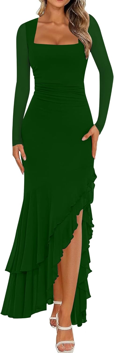 BORIFLORS Women's Bodycon Ruched Mesh Long Sleeve Maxi Dress Mermaid Ruffle Formal Cocktail Party Long Dresses
