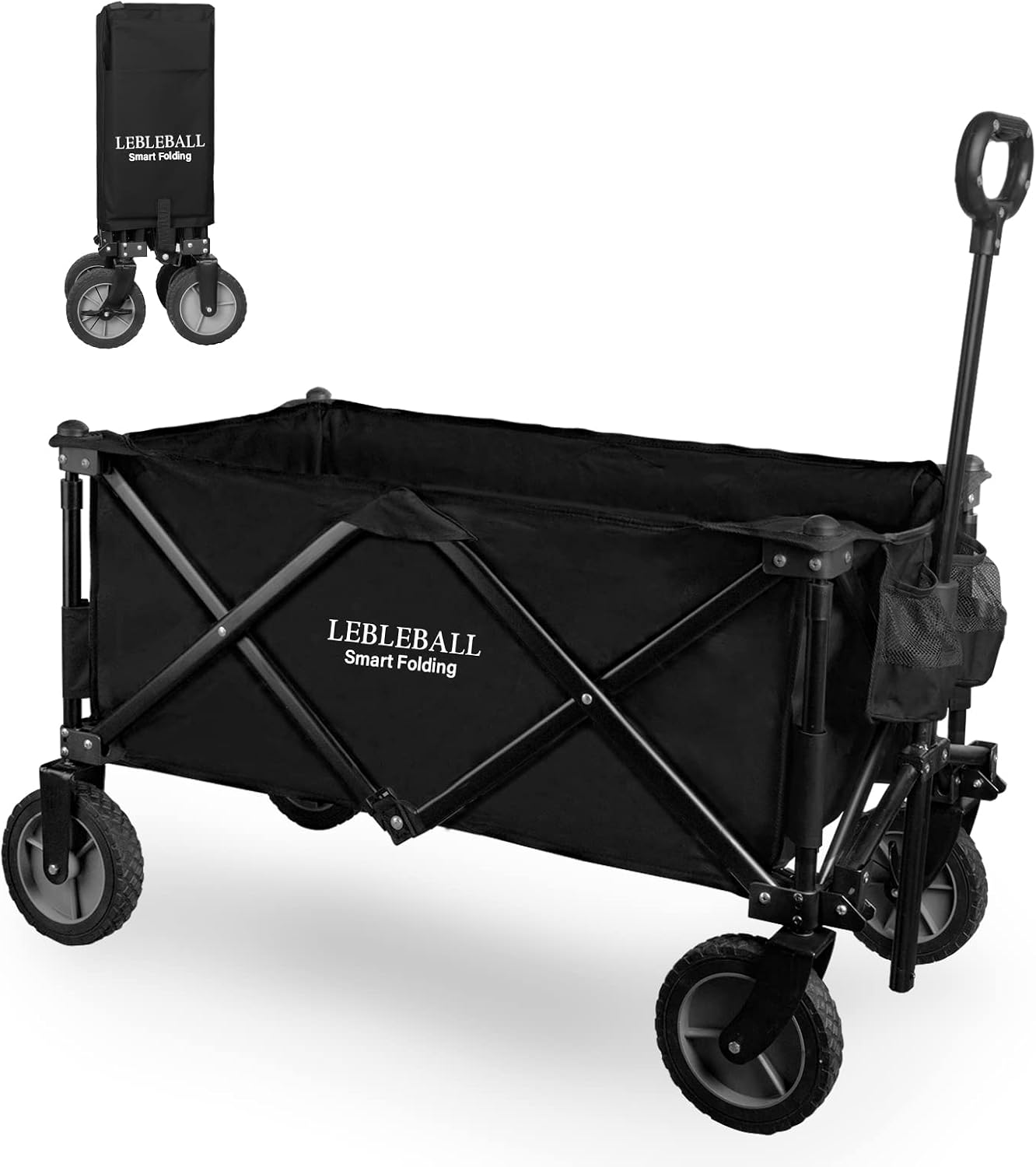 LEBLEBALL Folding Outdoor Utility Wagon Quick Set- Up Heavy Duty Garden Cart Collapsible Wagon Cart with Storage Bags Beach Wagon with Wheels Brake for Camping Garden Beach Picnic, Black