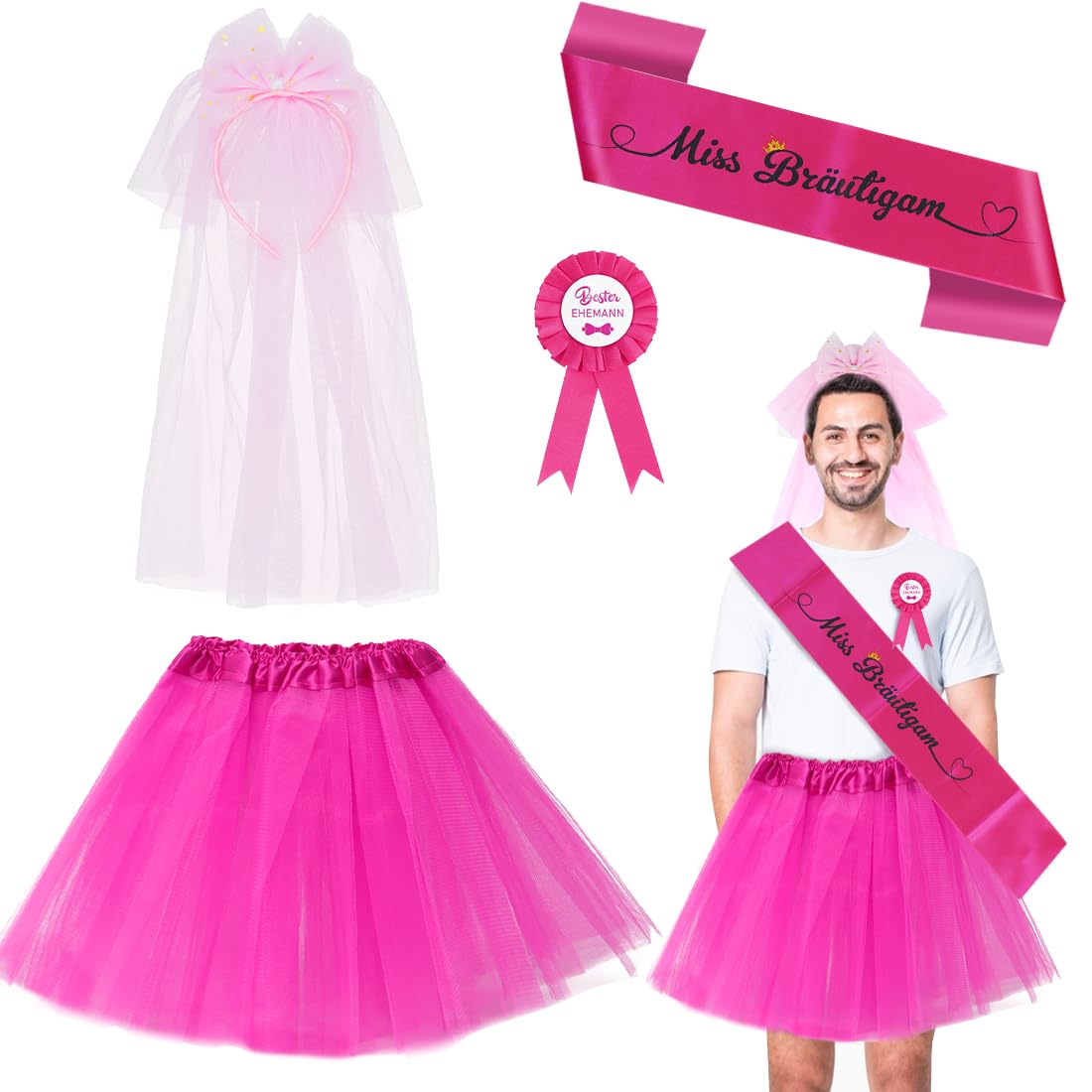 Augesak Disfraz Despedida Soltero, Disfraz de JGA para Hombre, Accesorios Despedida Soltero con Tutú Rosa Insignia Velo, Disfraces de Hombre JGA, Ideas para Fiestas de Escenario, Accesorios, Regalos