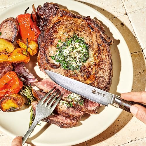 Image of HexClad Espresso Steak Knife Set, 4-Pieces Damascus Stainless Steel Blades, Full Tang Construction, Pakkawood Handles