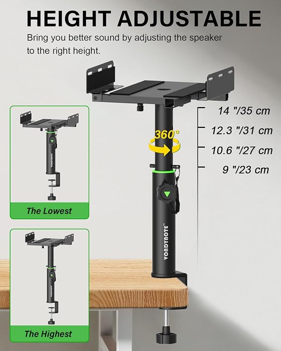 Vondynote Set of 2 Dual Side Clamping Studio Monitor Stands Short Desktop Clamp Speaker Stands Height Adjustable Extendable Top Plate Mounted by Screws