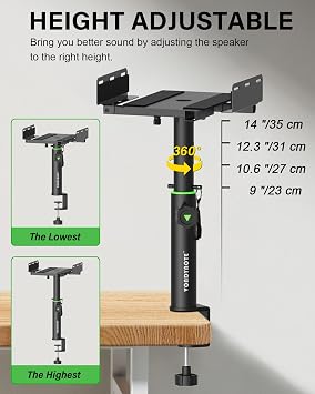 Vondynote Set of 2 Dual Side Clamping Studio Monitor Stands Short Desktop Clamp Speaker Stands Height Adjustable Extendable Top Plate Mounted by Screws