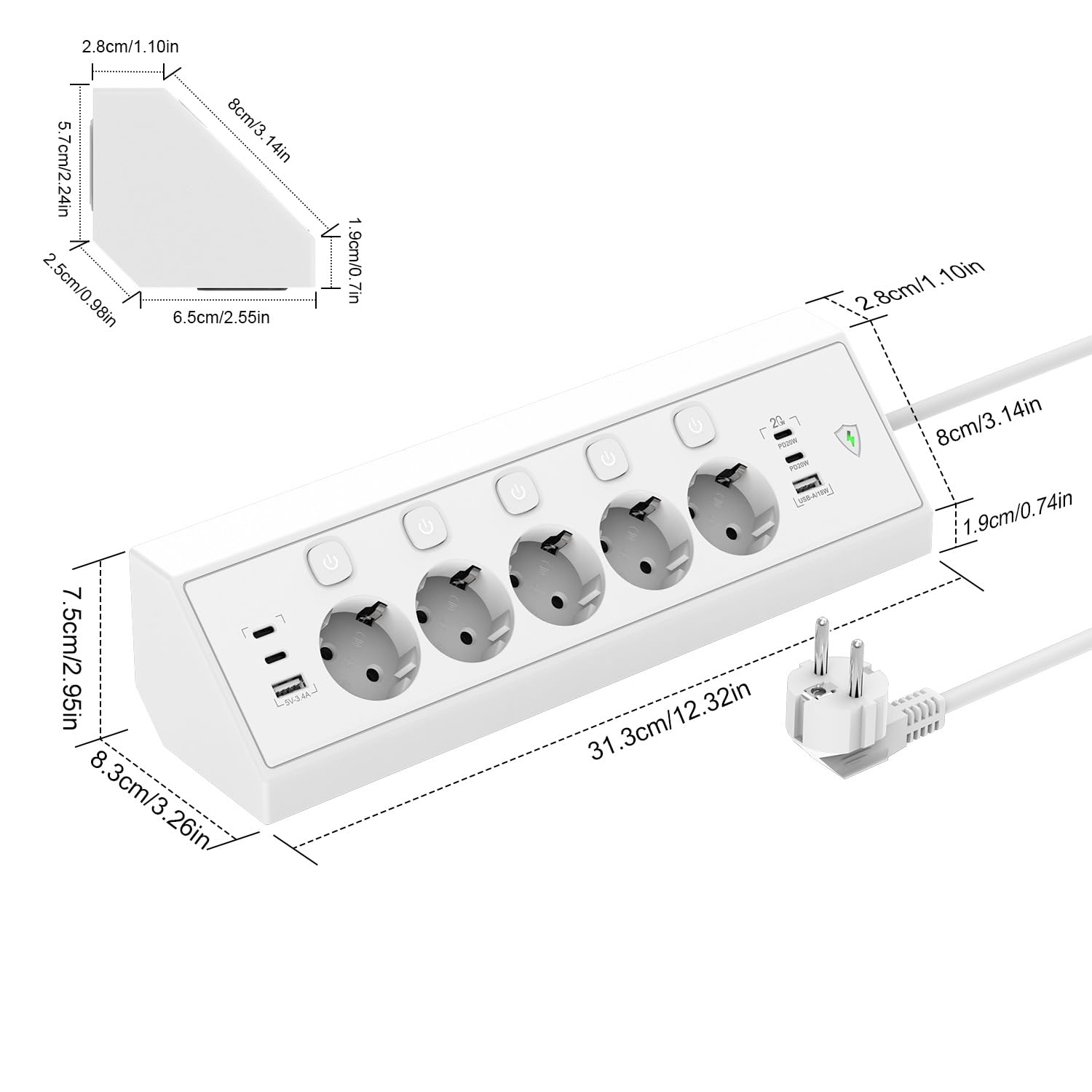 Regleta Enchufes de Esquina con USB C 20W, 5 Tomas Enchufe Multiple con 4 USB C y 2 USB A, Regleta Proteccion Sobretension con Interruptor, Enchufe de Mesa 1,8 m Cable para Cocina y Oficina, Blanco — view 7