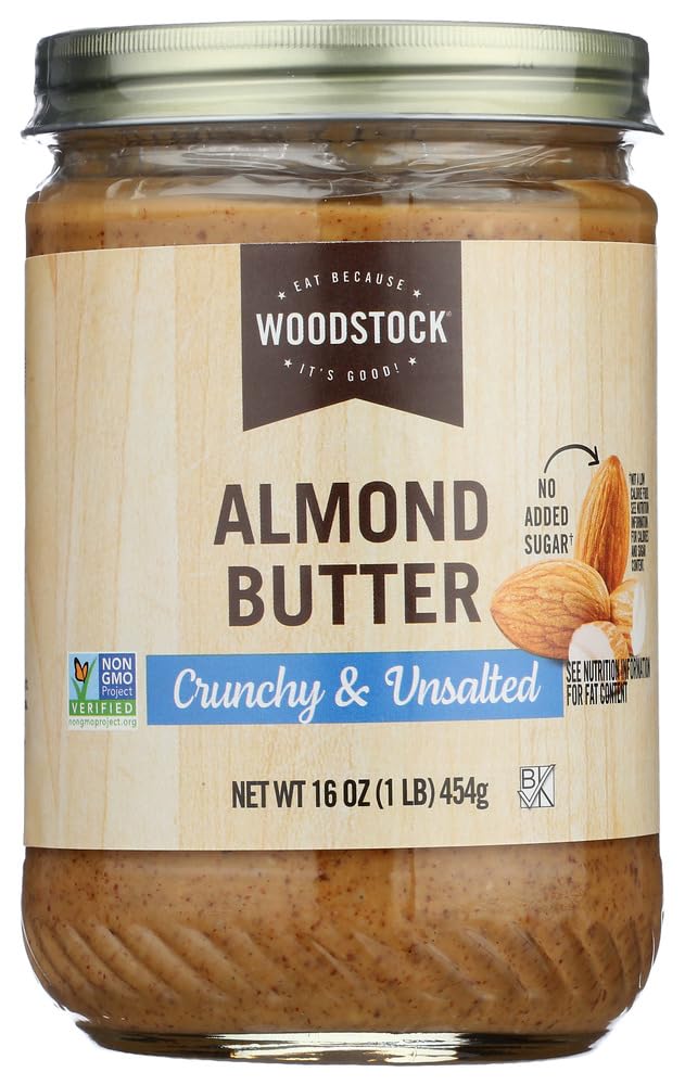 Woodstock Almond Butter - Crunchy - Unsalted - Case of 12 - 16 oz.