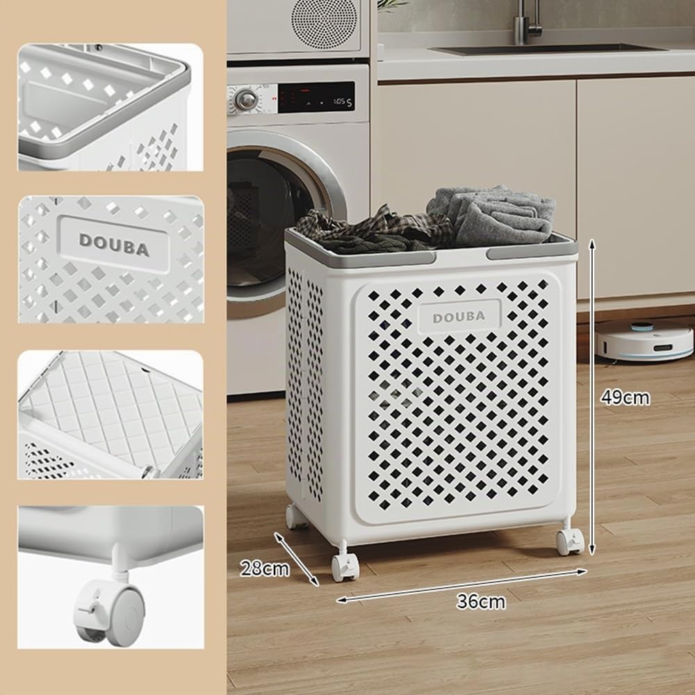 Cesto portabiancheria pieghevole, con manici e rotelle, per camera da letto, bagno, lavanderia, 36 x 28 x 49 cm (lunghezza x larghezza x altezza) (bianco)