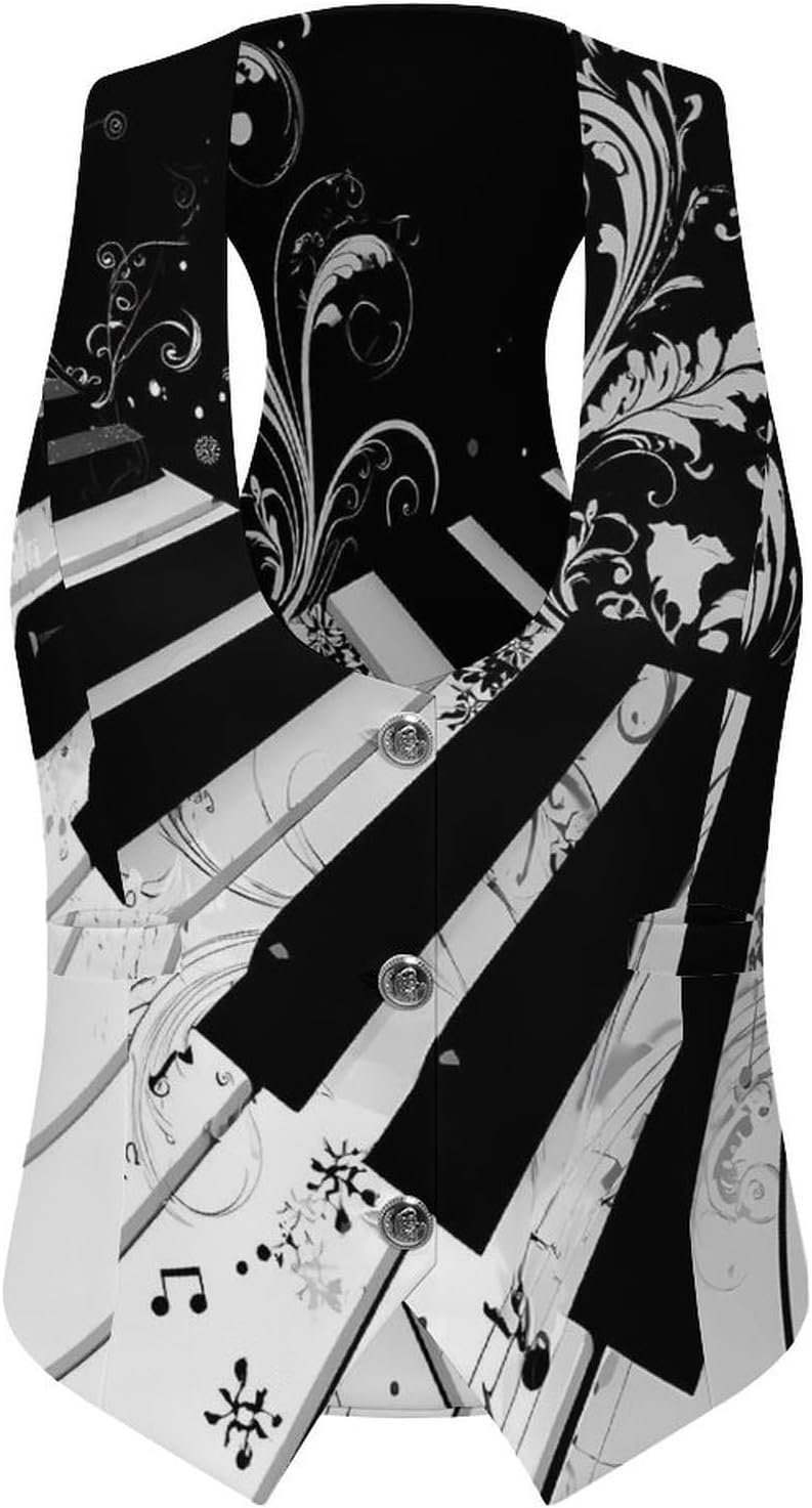Piano Keys Music Note Women's Suit Vest Top Button Blazer 5XL | V-Neck,Wasitcoat,with Pockets,Sleeveless Jackets,Business Dress,Slim Fit,for Work Office,Dressy Casual