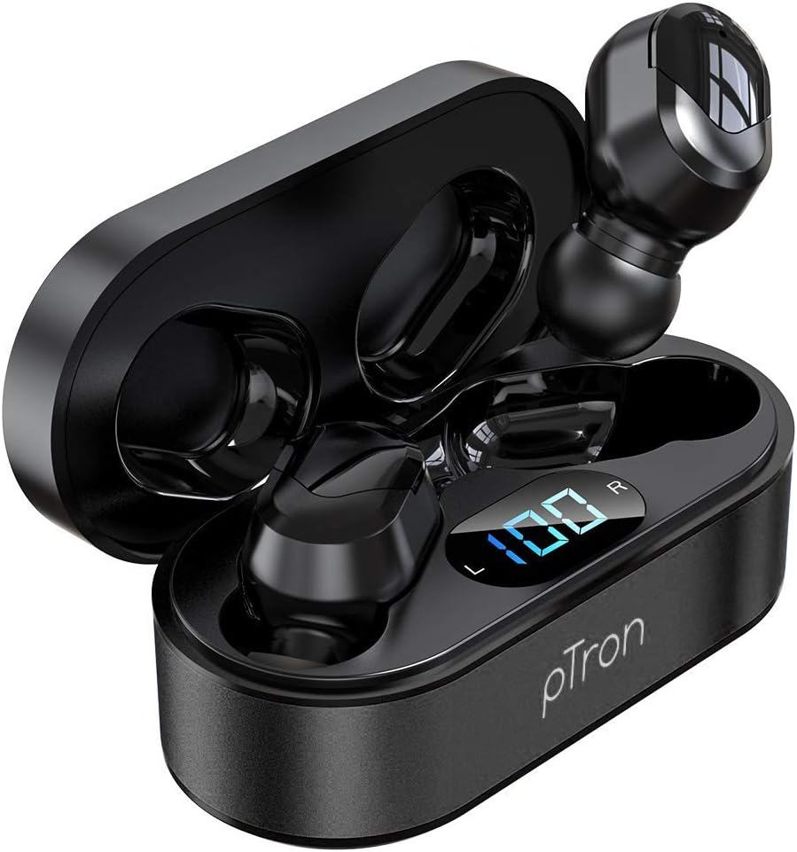 Ptron Bassbuds Plus 5.0 Bluetooth Truly Wireless in Ear Earbuds with Mic, Deep Bass, Made in India, Ipx4 Water/Sweat Resistant, Passive Noise Canceling TWS, Digital Display Case (Black)